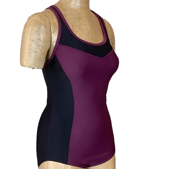 Speedo 1-Piece Swimsuit Keyhole Racerback Moderate Cut S/M Black & Purple 276F - Picture 6 of 13